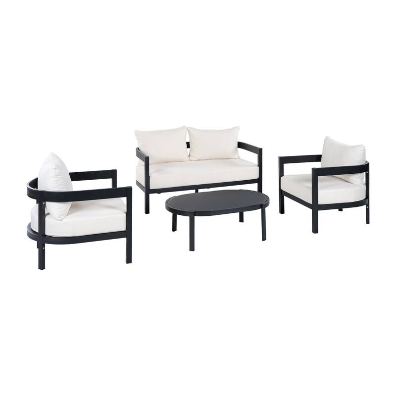 Christopher Knight Home - Modern 4-Piece Outdoor Aluminum Patio Conversation Set with Oval Glass Coffee Table & Thick Cushions