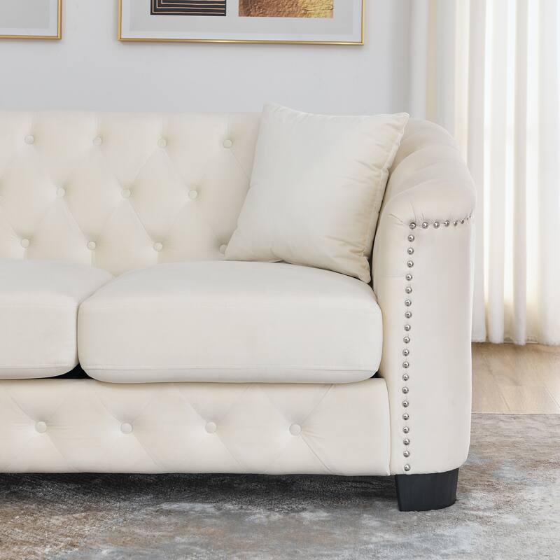 77'' Modern Velvet 3-Seater Sofa with Tufted Backrests, Nailhead Trim, and 2 Pillows