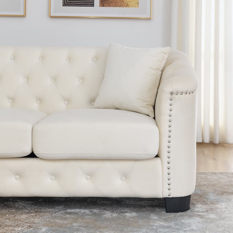 Chesterfield Velvet 3-Seater Sofa, Tufted Upholstered Sofa with Nailhead Arms, Lounge Sofa with Removable Cushions