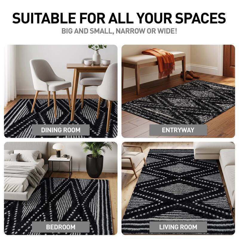 Geometric Shag Area Rug - Durable for Living Room, Bedroom - Polyester with Jute Backing - Anthracite Dark Gray and White