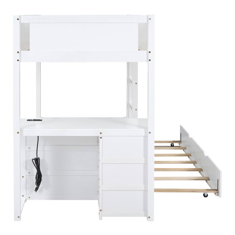 Twin-Over-Twin Bunk Bed with Trundle, Storage, Desk, USB Ports, White