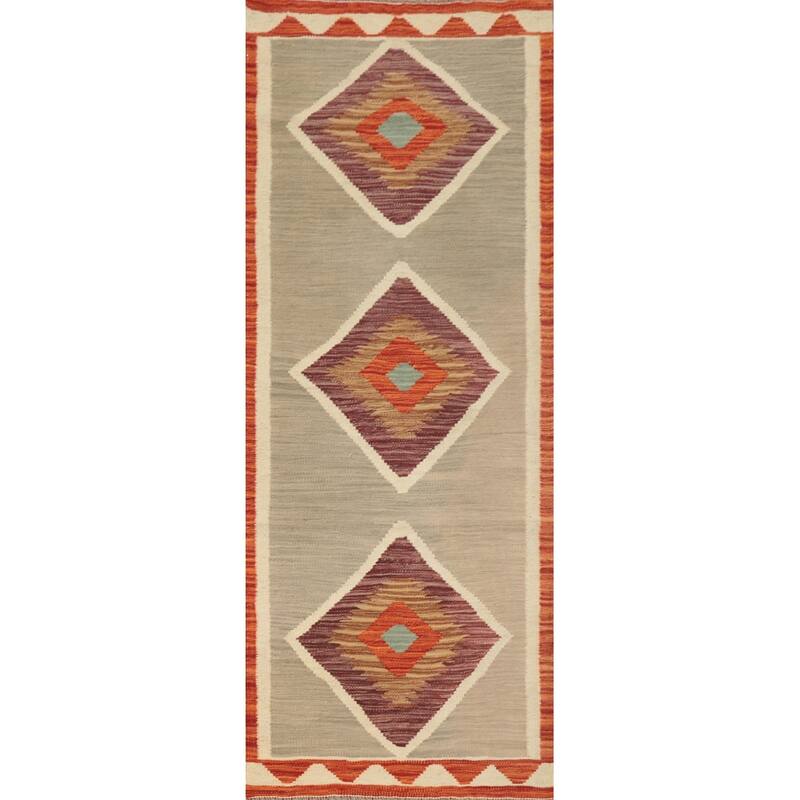 Hand Woven Oriental 100% Wool Carpet Southwestern Tribal Beige & Ivories Kilim Runner Rug - 5' 9'' X 2' 0''