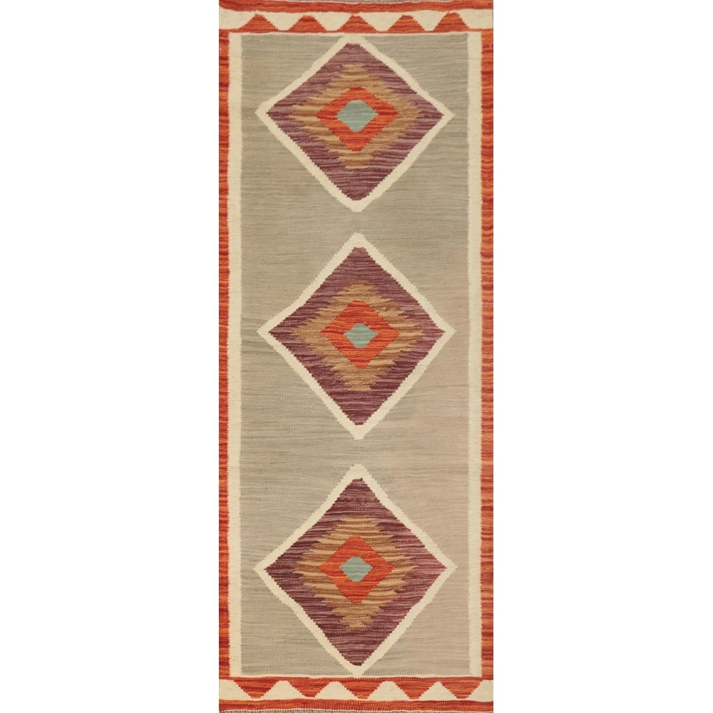 Hand Woven Oriental 100% Wool Carpet Southwestern Tribal Beige & Ivories Kilim Runner Rug - 5' 9'' X 2' 0''