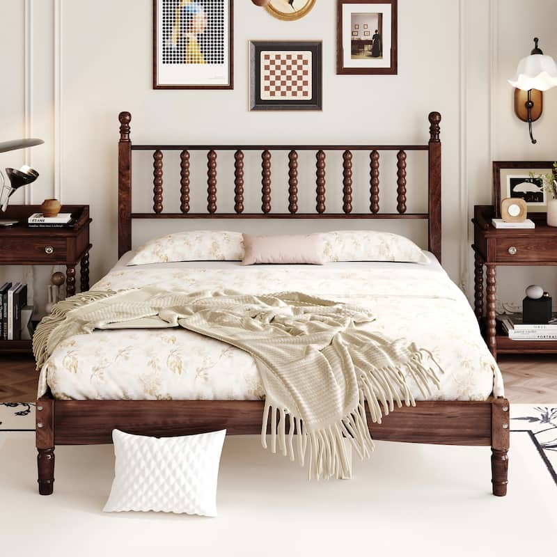 Retro Style Wood Platform Bed with Gourd Shaped Headboard,Queen Size - Walnut