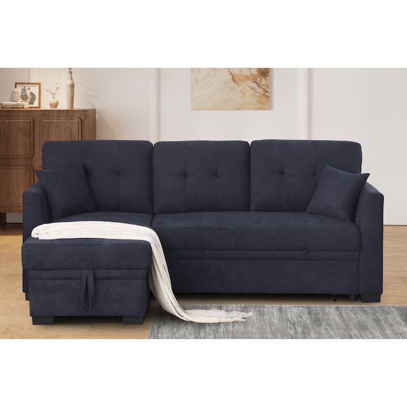 Sectional Sofa Bed, Dark Blue, Wood+Fabric, Space-saving