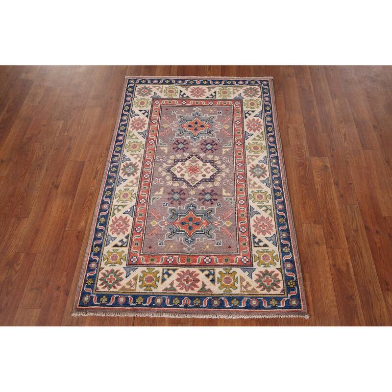 Geometric Brown Kazak Foyer Rug Hand-Knotted Wool Carpet - 2'9" x 4'1"