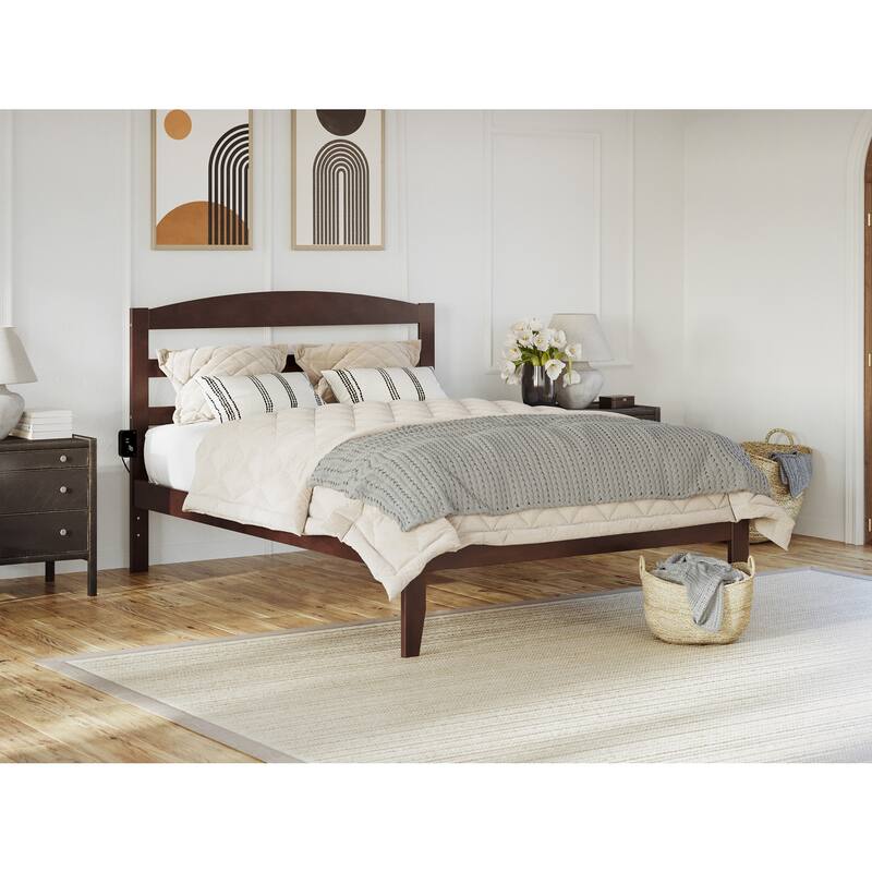 Queen Platform Bed - Victorian Style Bed Frame with Headboard & Slats - Walnut Finish