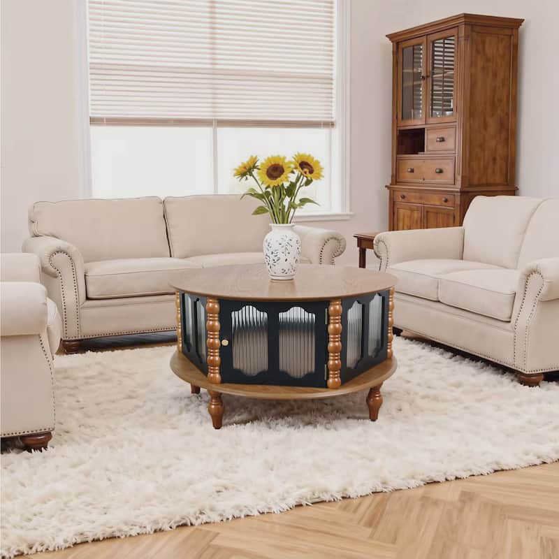 Rustic Round Coffee Table with Storage, 31.5" Wood Accent Table Mid Century Modern Center Tables with Door and Leg