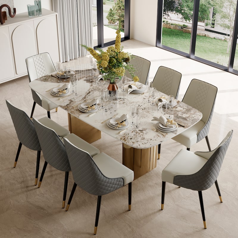 White Rectangular Sintered Stone Dining Table with Double Pedestals - L70.87'×W35.43'×H29.53'