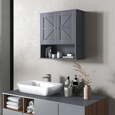 kleankin Farmhouse Bathroom Wall Cabinet, Wall Mounted Medicine Cabinet with Open Shelf & Adjustable Shelf
