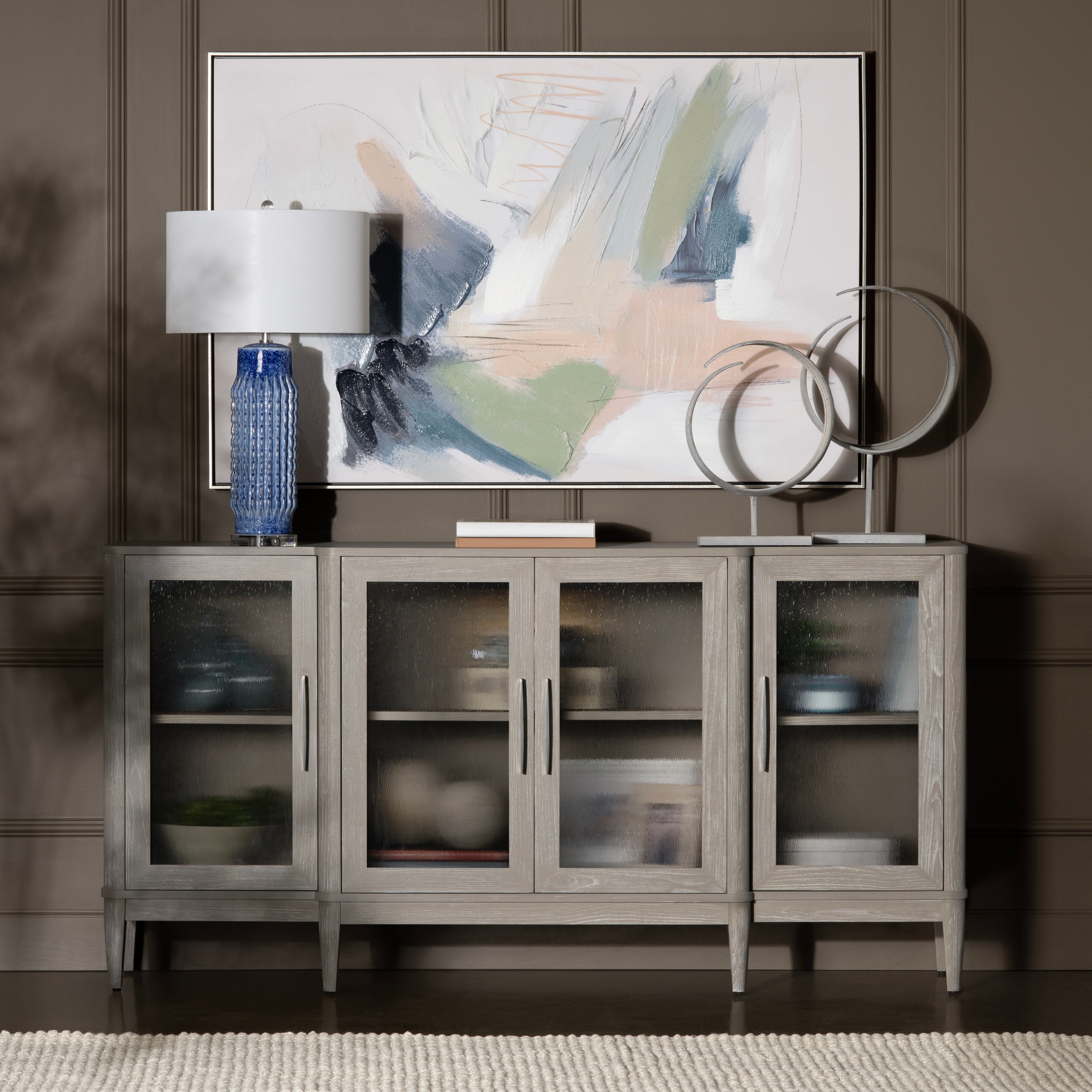 Four Door Wooden Sideboard - Adjustable Shelving - Tan Washed
