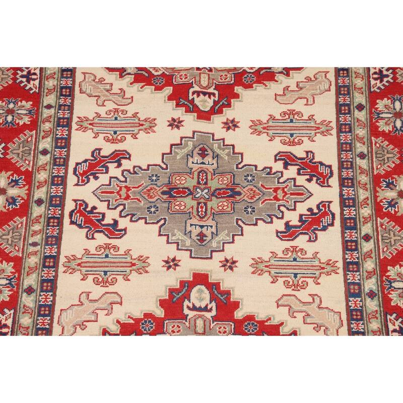 Kazak Oriental Area Rug Hand-Knotted Beige Geometric Wool Carpet - 5'1" x 6'7"