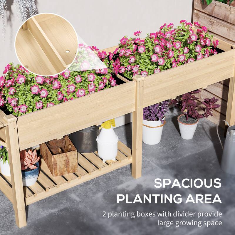 Fir Wood Raised Garden Bed with Bottom Shelf and Moisture-Retaining Liners Foldable Side Table - 81.5" W x 23.2" D x 30.7" H