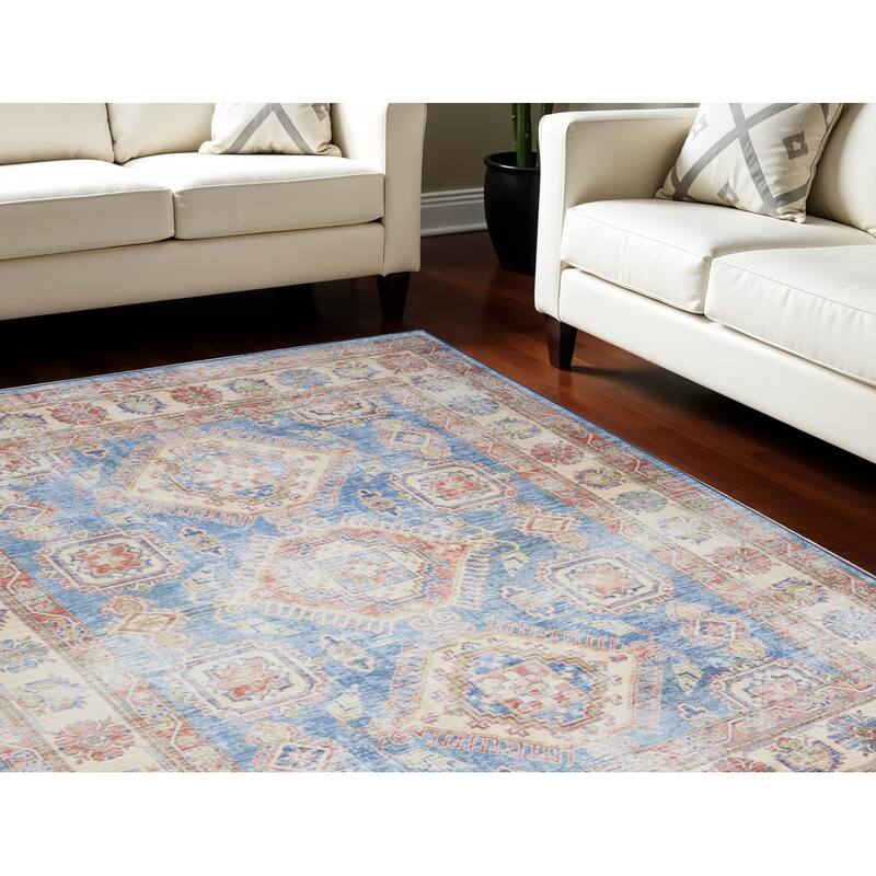 Power Loomed Distressed Non Skid Stain Resistant Low Pile Area Rug - 118' X '94' X '0.25 - 118' X '94' X '0.25 - Oxford Blue - Rectangle