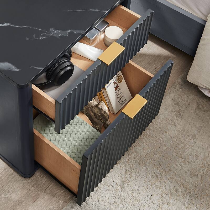 Modern Fluted Nightstand with Charging Station, 2 Drawer Bedside Table