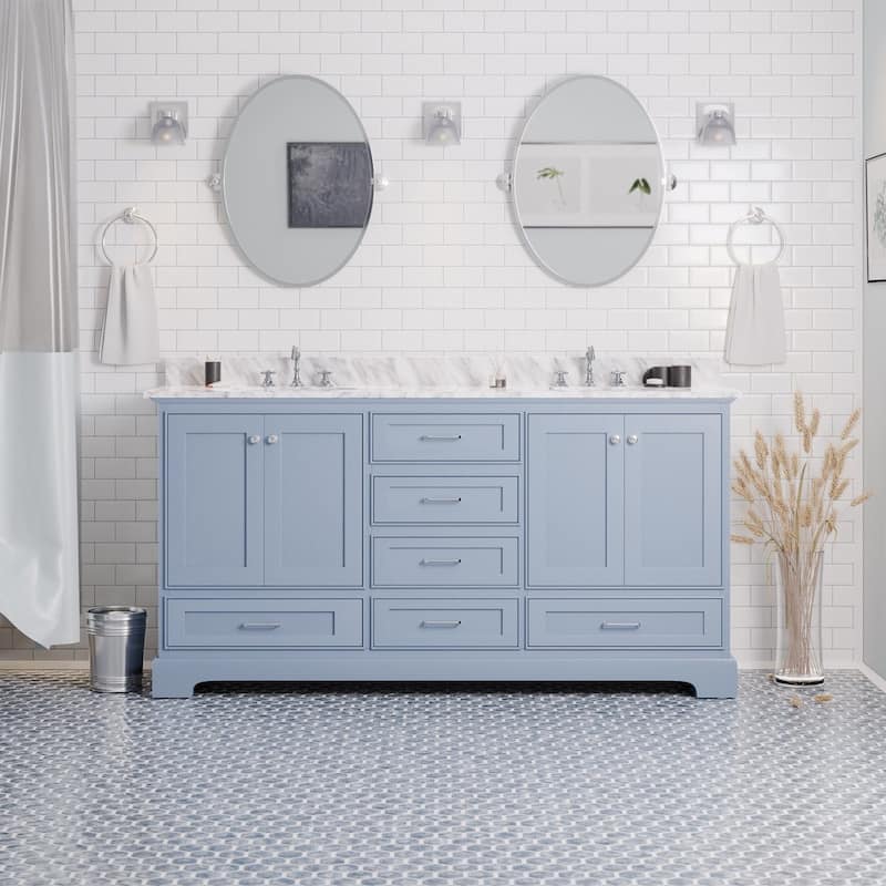 KitchenBathCollection Harper 72" Double Bathroom Vanity with Carrara Marble Top - Powder Blue
