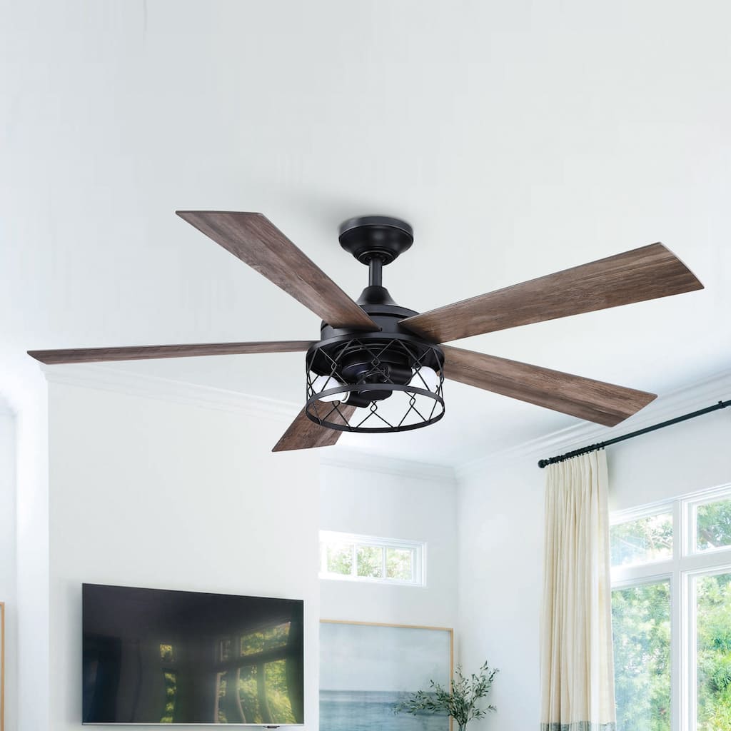 52" Industrial Black 5-Blade AC Motor Ceiling Fan with Light and Remote Control