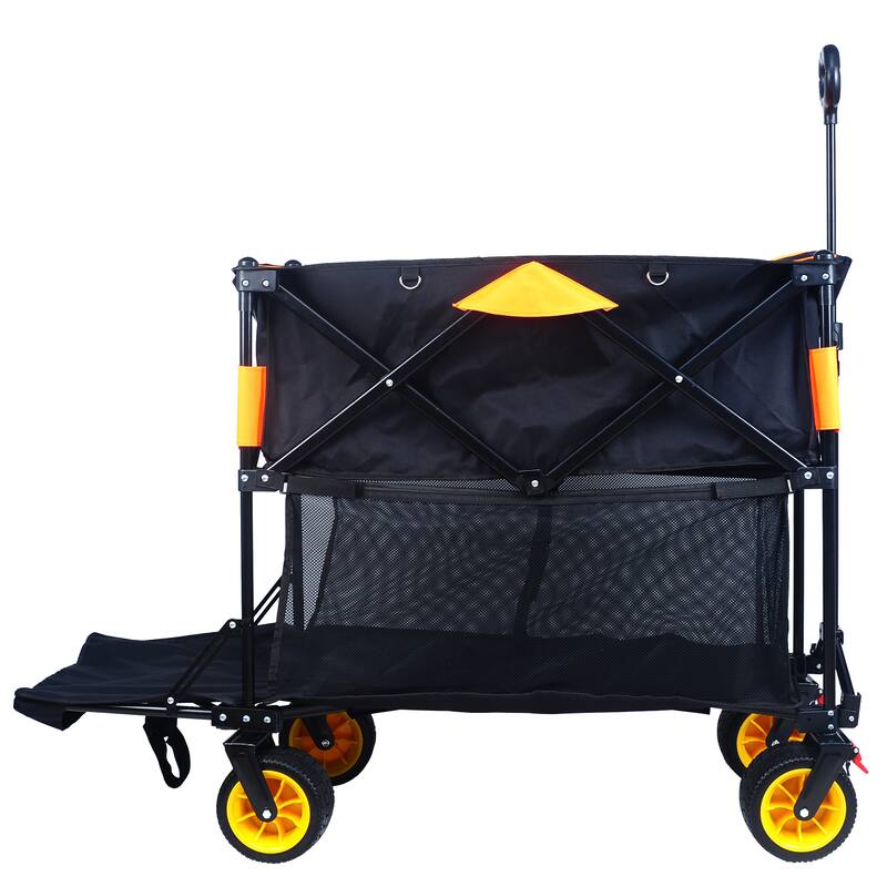 Big large capacity Folding cart Extra Long Extender Wagon Cart Folding Wagon Garden Shopping Beach Cart (black +orange)