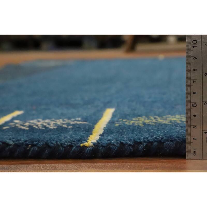 Hand Knotted Oriental 100% Wool Carpet Modern Bordered Navy Blue & Blues Gabbeh Area Rug - 6' 9'' X 6' 3''