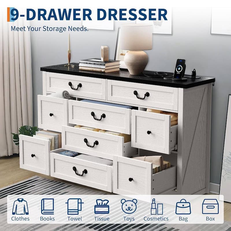 Farmhouse 9 Drawer Dresser with Charging Station for Living Room, Bedroom