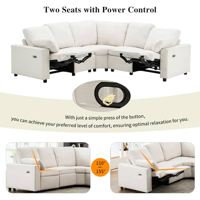 88.9" Linen Power Recliner Sectional 5-Seat Sofa with USB Ports and Storage Drawers