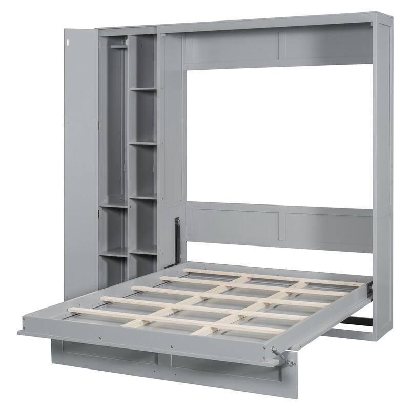 Full/Queen Size Murphy Bed Wall Bed with LED Lights and Storage Cabinet, Foldable Murphy Cabinet Bed with Open Storage Shelves