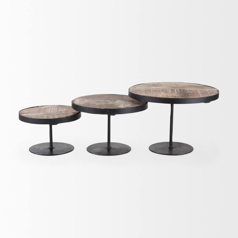 Lorenz Light Brown Wood w/Black Metal Base Round Decorative Display Stands (Set of 3)