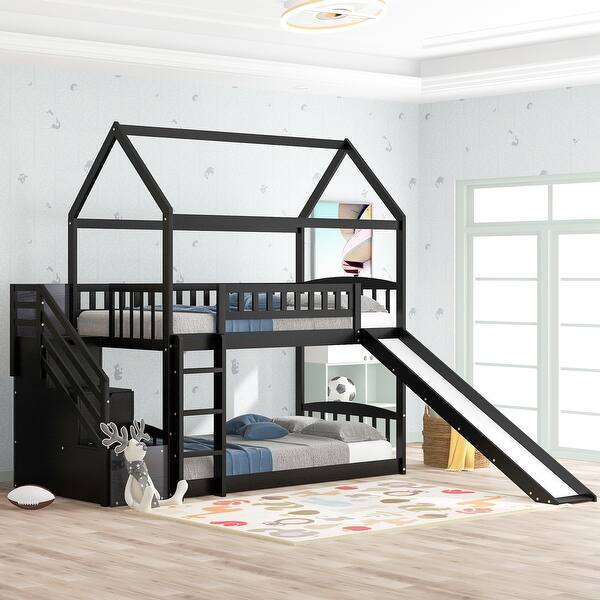 slide 2 of 9, Designed with Safety Twin Over Twin Bunk Bed with 2-Drawers and Slide, House Bed with Slide Espresso