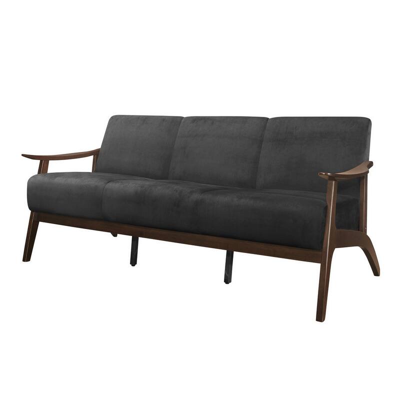 Rica 73 Inch Sofa, Soft Dark Gray Velvet, Walnut Brown Solid Rubberwood