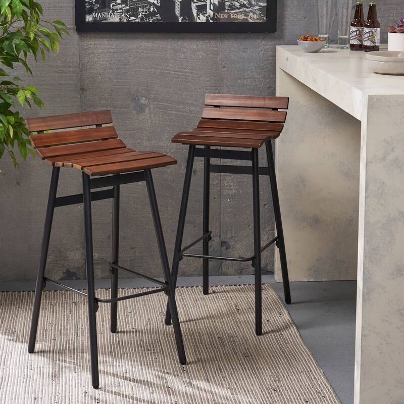 Roomfitters 2-Piece Modern Industrial Bar Stools, Wood Slat Counter Height Chairs with Metal Legs for Dining - Black