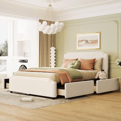 Roomfitters Upholstered Platform Bed with Stud Trim Headboard and Footboard and 4 Drawers, Velvet Fabric, Queen Size