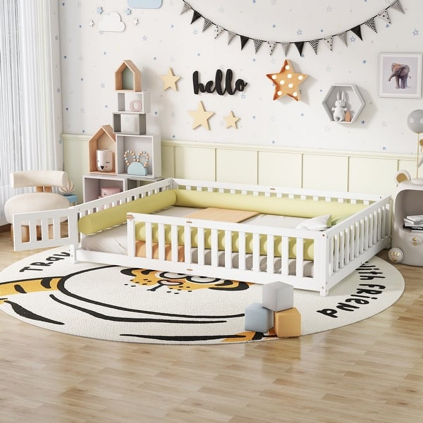 slide 2 of 9, Queen Size Bed Floor Bed with Safety Guardrails and Door for Kids White - Queen