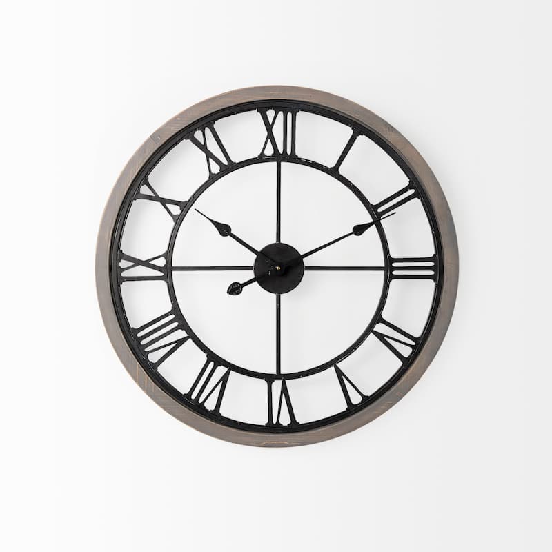 Mething Gray Wood and Black Metal 25" Round Wall Clock - 24.8"W x 2"D x 25"H