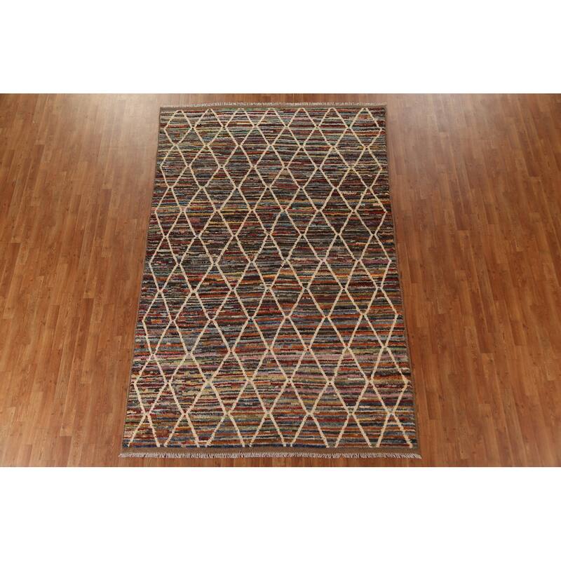 Hand Knotted Oriental 100% Wool Carpet Tribal Trellis Multi-Colored Moroccan Area Rug - 9' 10'' X 6' 5''
