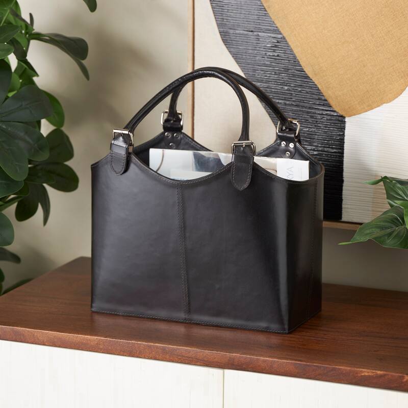 Brown or Black Leather Handmade Box Style Single Slot Decorative Magazine Holder with Detail Stitching and Curved Buckle Handles - Black