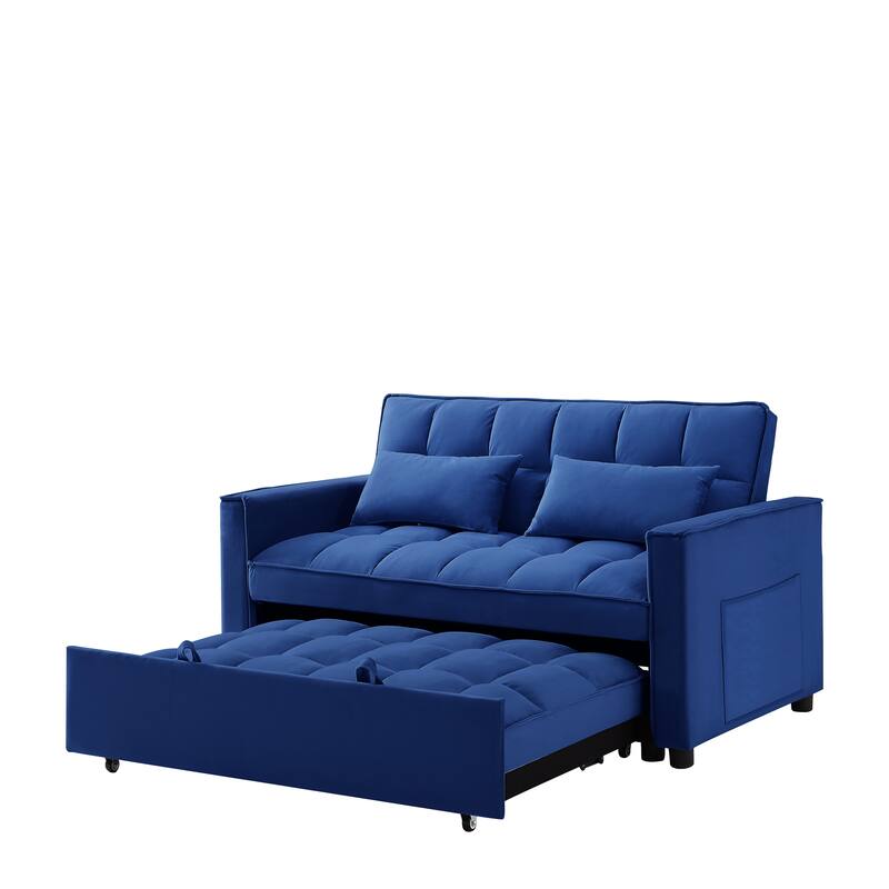 Soft Velvet Fabric Convertible Loveseat Sleeper Sofa Couch, Blue Bed
