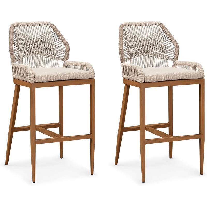 PURPLE LEAF 2 Set of Modern Bar Stool with Backrest and Arm,Upholstered Chair and Aluminum Legs - Twill - Bar Height