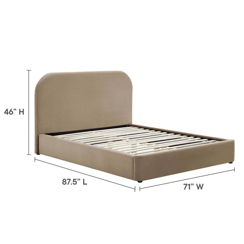 Hillsway Modern Curved Headboard Taupe Velvet Upholstered Queen Size Platform Bed