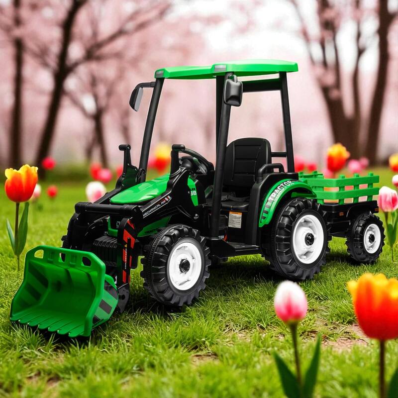24V Kids Ride On Tractor with Trailer, Loader & Backhoe, Electric Pedal Digger Car Toy for Toddlers - Green