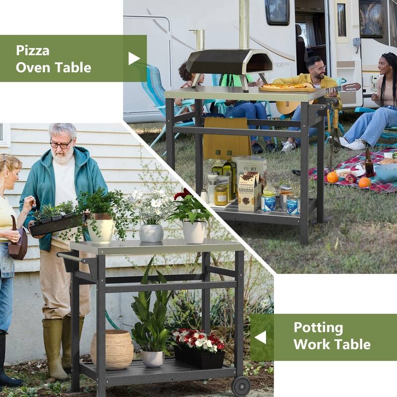 Portable Outdoor Grill Cart with HDPE Legs,Stainless Steel Top&Double-Shelf Storage for BBQ Prep Table