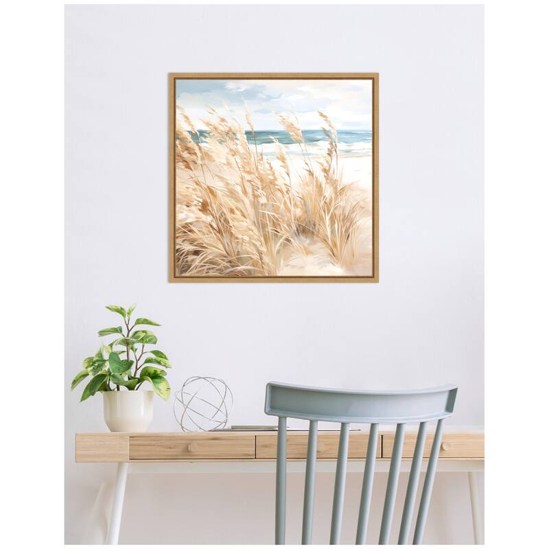 Kate and Laurel Sylvie Beige Beach Grass Near Traquil Beach Framed Canvas by The Creative Bunch Studio