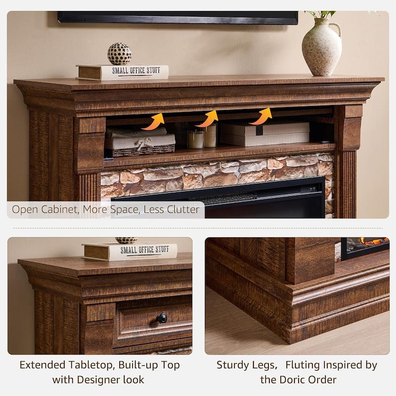 52" Farmhouse Electric Fireplace TV Stand, Wood Entertainment Center