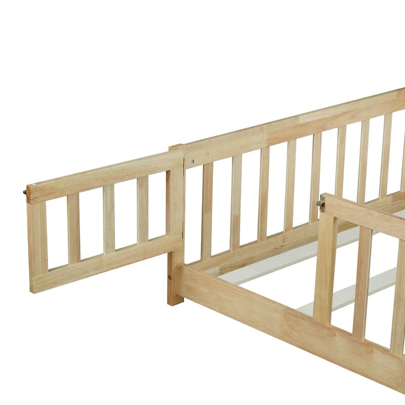 Roomfitters Queen Floor Bed with Surround Fence and Swing Door, Rubber Wood Platform with Guardrails and Slats, Natural