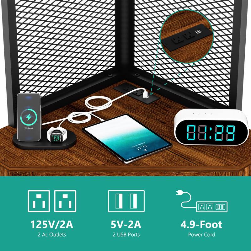 Industrial Corner Cabinet with Power Outlets - Wine Glass Rack and Mesh Door Storage for Home Bar