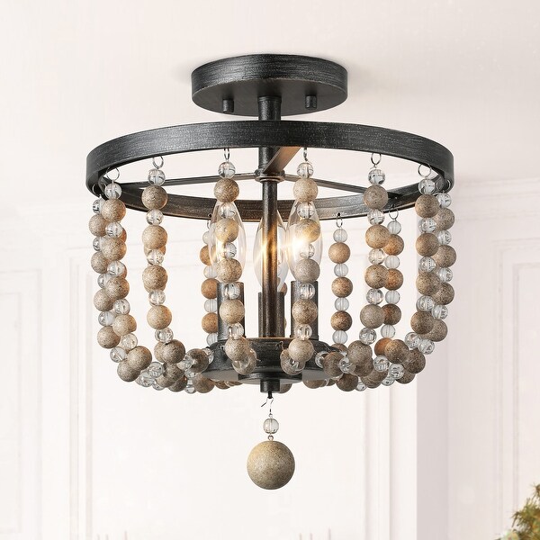 Farmhouse Boho 3 light Handcrafted Wood Bead Semi flush Mount