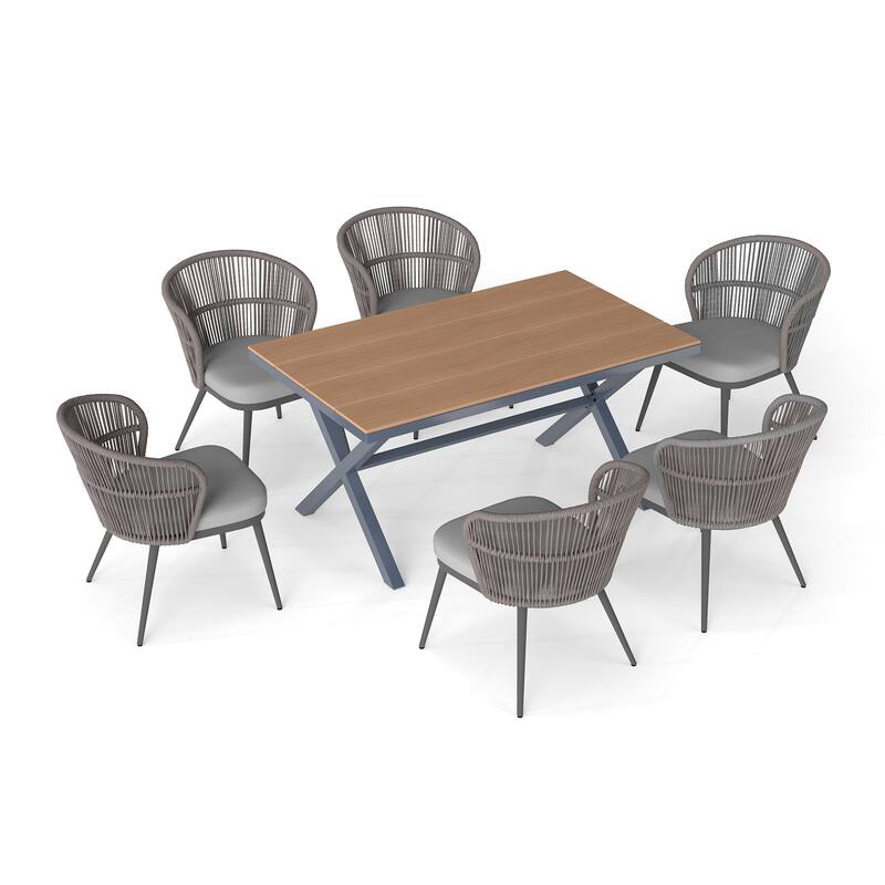 Outdoor 7-Piece Dining Chair with Shell-Shaped backrest and Table Set