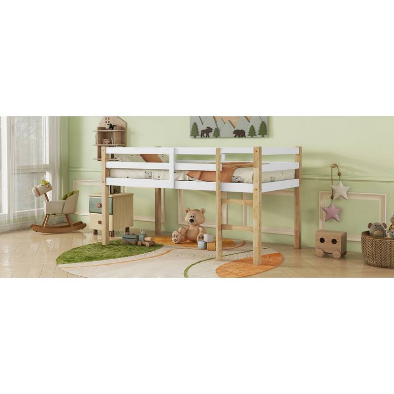 Roomfitters Full/Twin Rubber Wood Loft Bed with Ladder, Reinforced Slat Platform, Low Height Design, Espresso