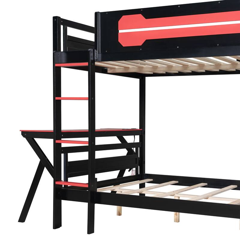 E-sports Inspired Bunk Bed with 2 Built-In Gaming Desks, USB Desktop Ports and Pegboard Organizer, Bunk Frame for Teens Gamer