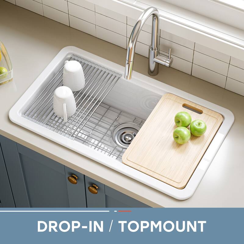 HOROW 33 in. Drop-In Single Bowl Ceramic White Kitchen Sink Standard and Bottom Grid, Drain Assembly, Cutting Board