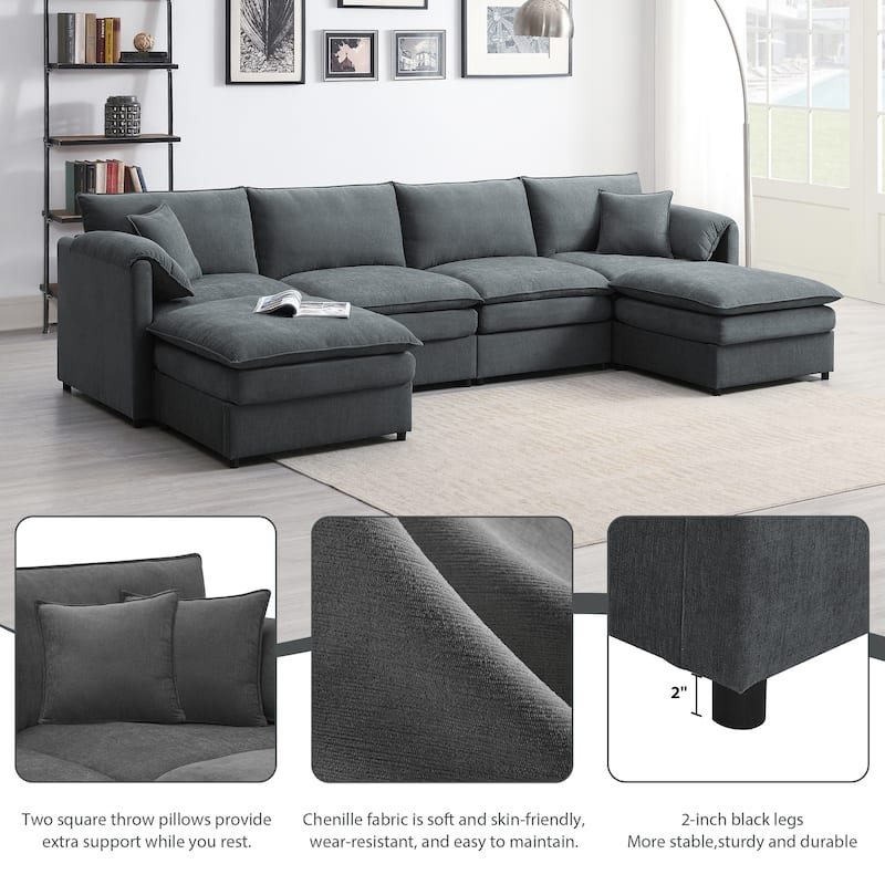 Oversized 134'' Modular U-Shaped 6 Seater Sectional Sofa with Double Cushions and Versatile Ottomans for Living Room